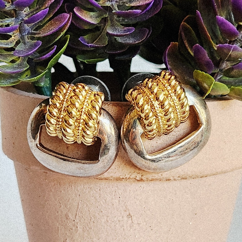 Vintage Two Tone‎ Gold Silver Rope Door Knocker Chunky Statement Stud Earrings